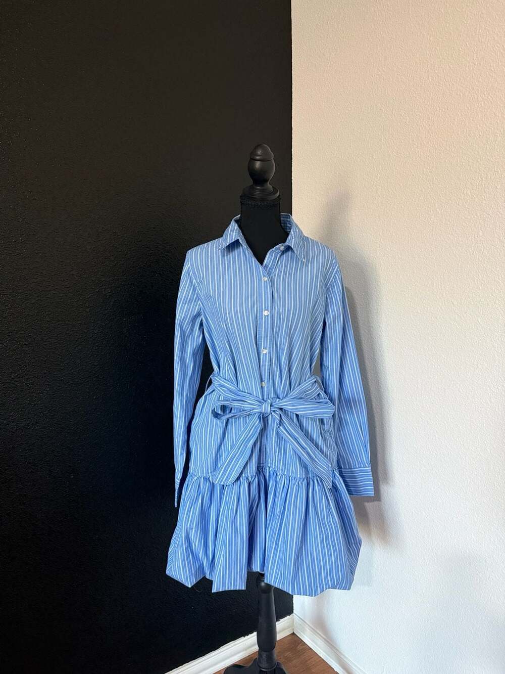 Free Assembly Belted Bubble Hem Dress Size M (8-10) Blue Stripe Cotton